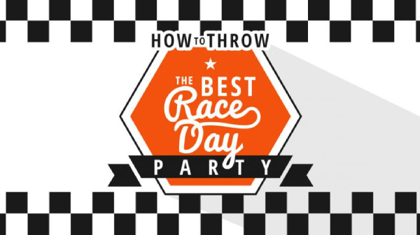 An orange hexagon with the text The Best Race Day Party.